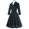 Belle Poque Retro Vintage Grid Pattern 3/4 Sleeve Lapel Collar Swing Party Picnic Dress BP000252-1